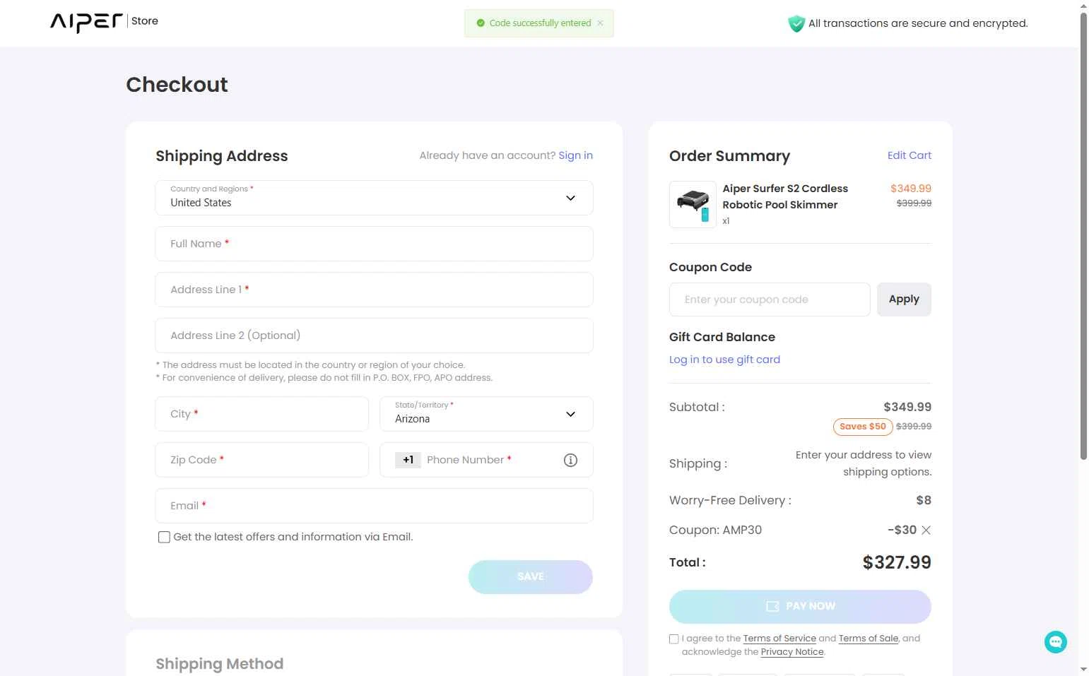 Aiper checkout page showing Aiper coupon code box | Screenshot taken by SimplyCodes community member on Jan 14, 2026