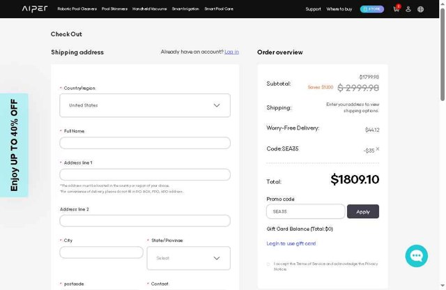 Aiper checkout page showing Aiper coupon code box | Screenshot taken by SimplyCodes community member on Aug 30, 2025