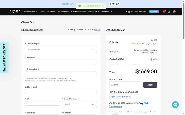 Aiper checkout page showing Aiper coupon code box | Screenshot taken by SimplyCodes community member on Aug 26, 2025