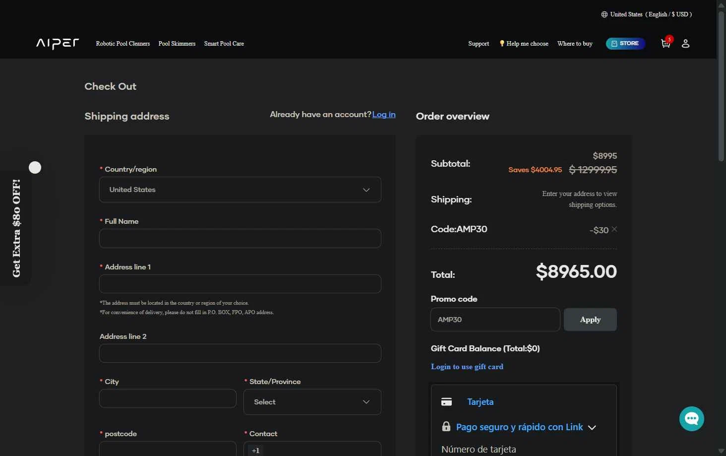 Aiper checkout page showing Aiper coupon code box | Screenshot taken by SimplyCodes community member on Dec 5, 2025