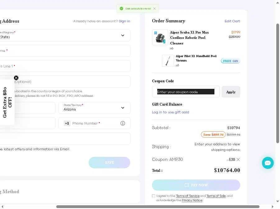 Aiper checkout page showing Aiper coupon code box | Screenshot taken by SimplyCodes community member on Jan 7, 2026