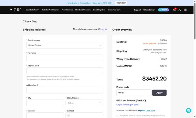 Aiper checkout page showing Aiper coupon code box | Screenshot taken by SimplyCodes community member on Aug 26, 2025