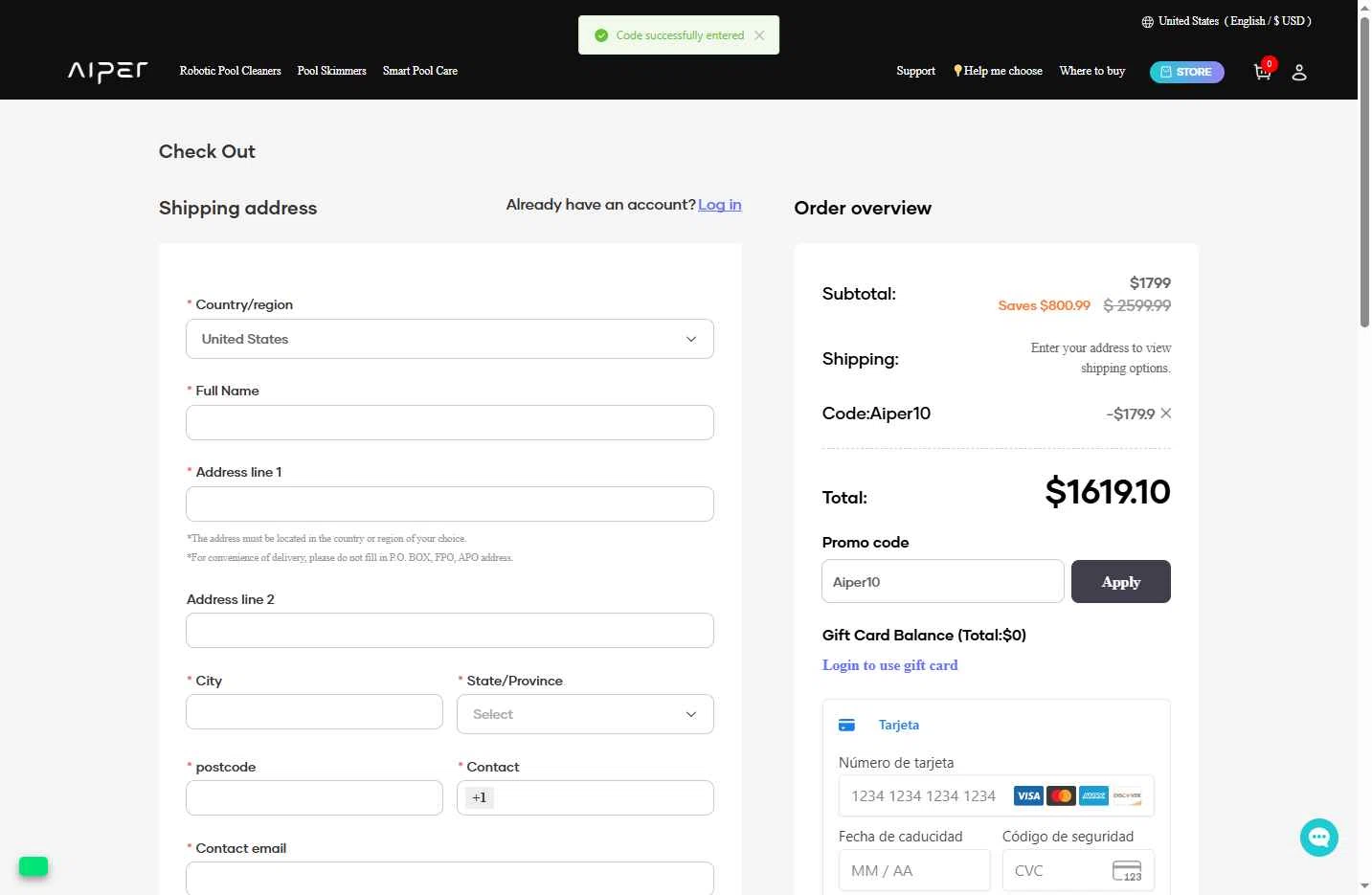 Aiper checkout page showing Aiper coupon code box | Screenshot taken by SimplyCodes community member on Dec 10, 2025