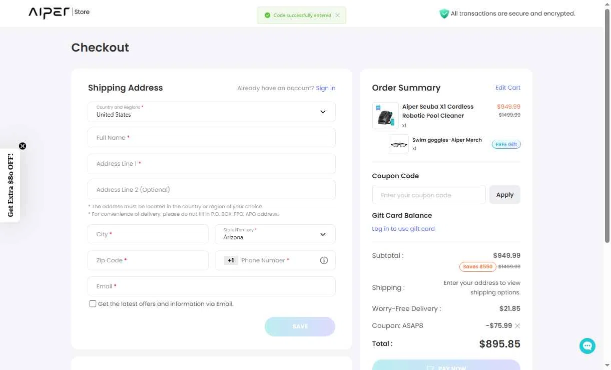 Aiper checkout page showing Aiper coupon code box | Screenshot taken by SimplyCodes community member on Jan 27, 2026