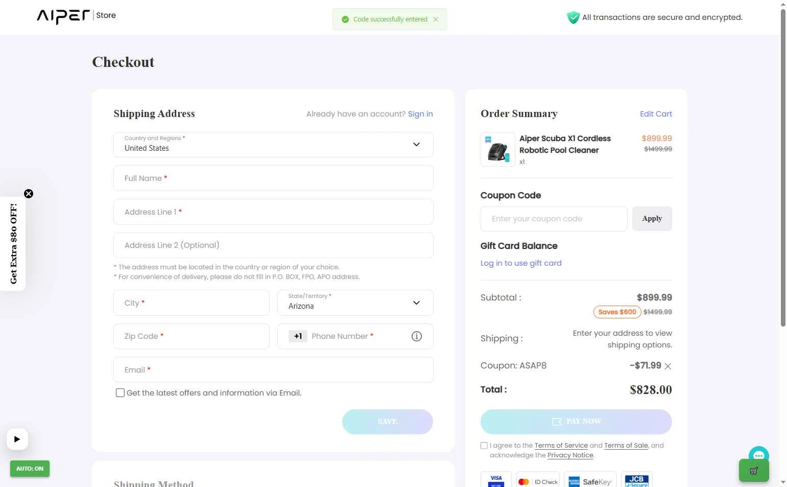 Aiper checkout page showing Aiper coupon code box | Screenshot taken by SimplyCodes community member on Jan 9, 2026