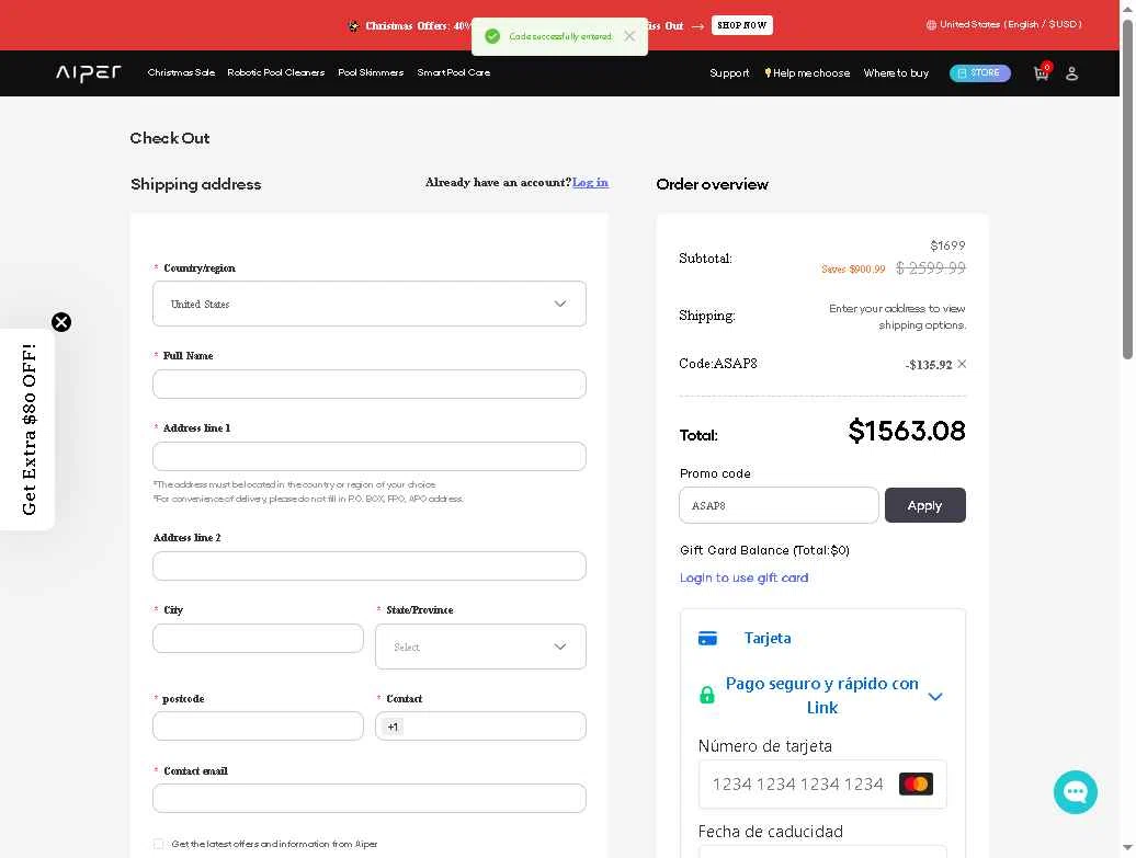 Aiper checkout page showing Aiper coupon code box | Screenshot taken by SimplyCodes community member on Dec 16, 2025