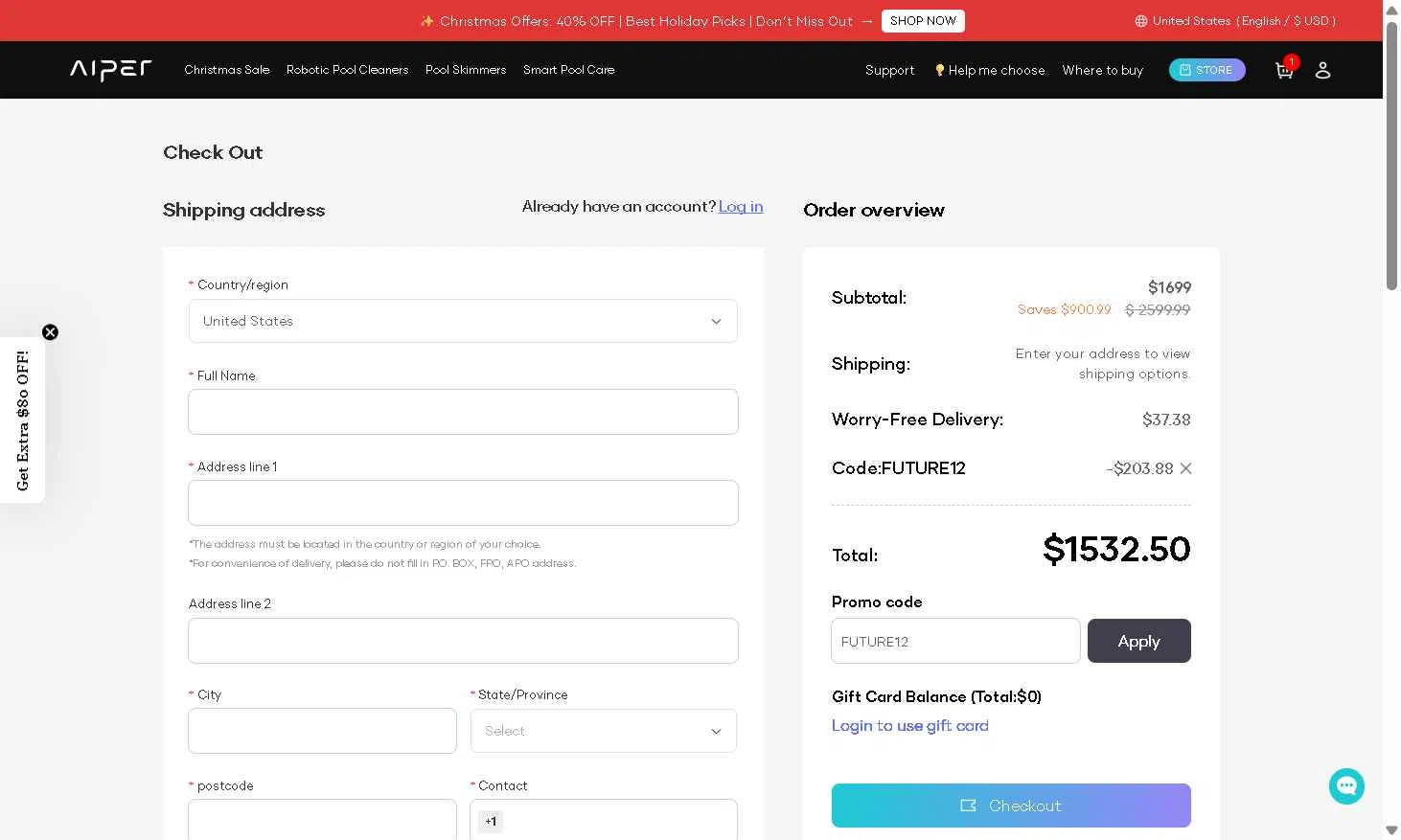 Aiper checkout page showing Aiper coupon code box | Screenshot taken by SimplyCodes community member on Dec 17, 2025
