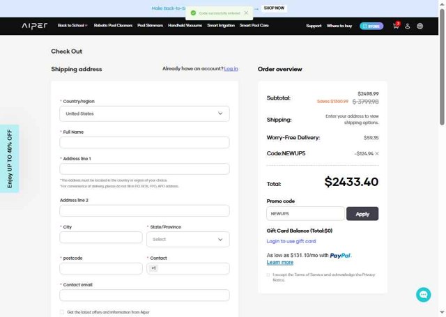 Aiper checkout page showing Aiper coupon code box | Screenshot taken by SimplyCodes community member on Aug 26, 2025