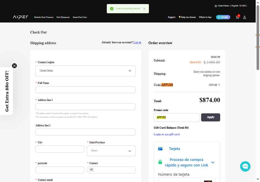 Aiper checkout page showing Aiper coupon code box | Screenshot taken by SimplyCodes community member on Dec 29, 2025