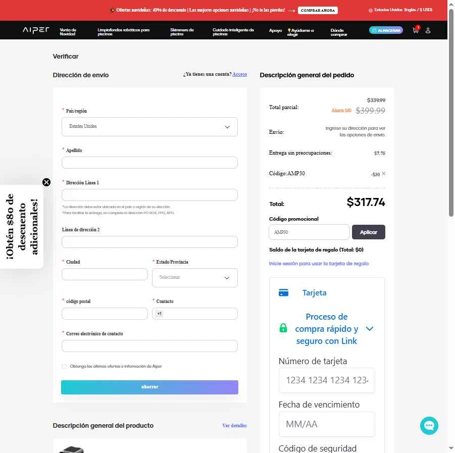 Aiper checkout page showing Aiper coupon code box | Screenshot taken by SimplyCodes community member on Dec 16, 2025