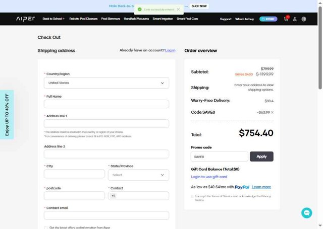 Aiper checkout page showing Aiper coupon code box | Screenshot taken by SimplyCodes community member on Aug 25, 2025