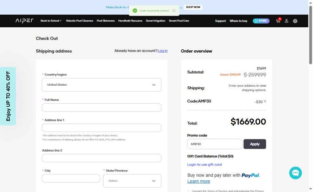 Aiper checkout page showing Aiper coupon code box | Screenshot taken by SimplyCodes community member on Aug 26, 2025