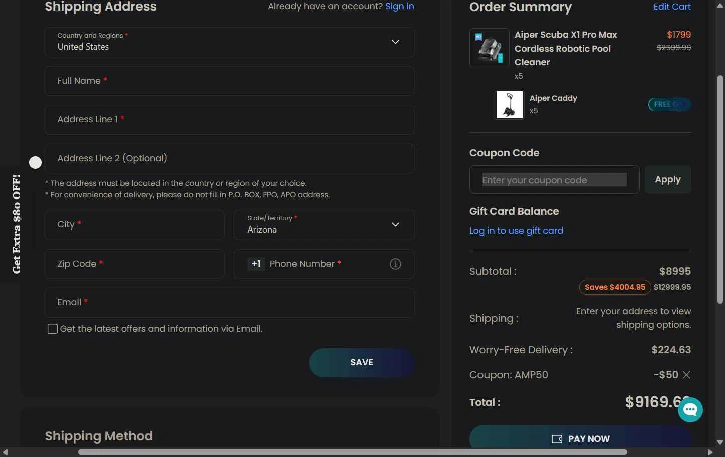 Aiper checkout page showing Aiper coupon code box | Screenshot taken by SimplyCodes community member on Jan 27, 2026