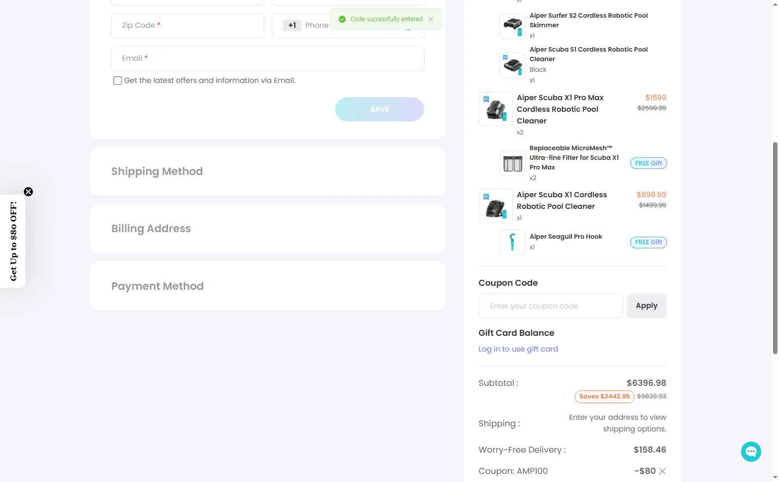 Aiper checkout page showing Aiper coupon code box | Screenshot taken by SimplyCodes community member on Feb 16, 2026