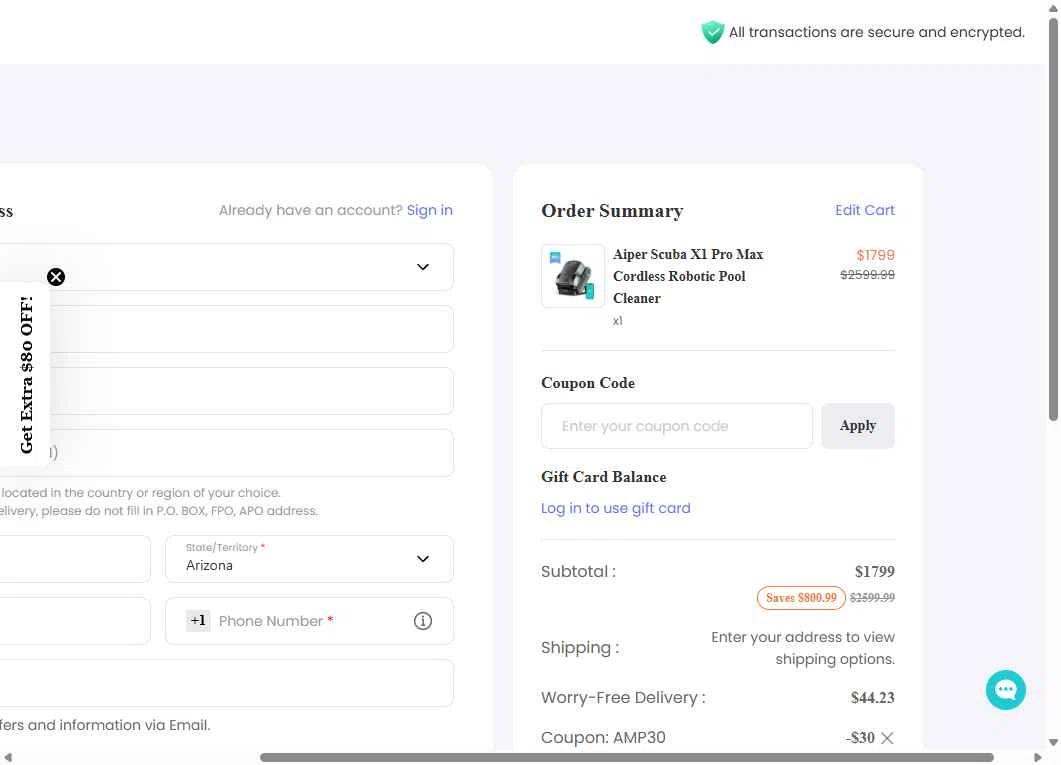 Aiper checkout page showing Aiper coupon code box | Screenshot taken by SimplyCodes community member on Jan 23, 2026