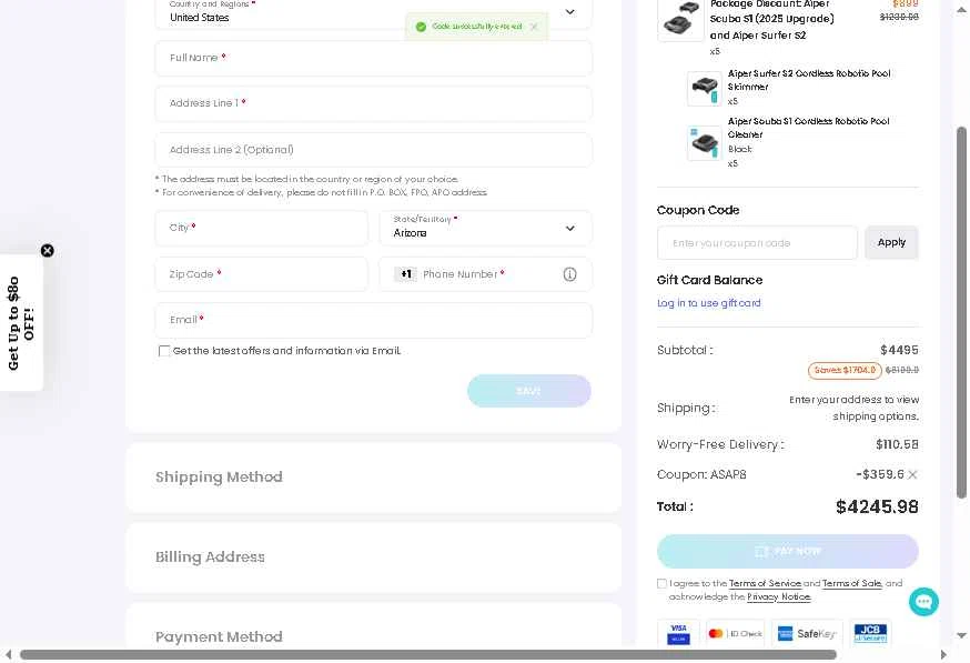 Aiper checkout page showing Aiper coupon code box | Screenshot taken by SimplyCodes community member on Feb 16, 2026