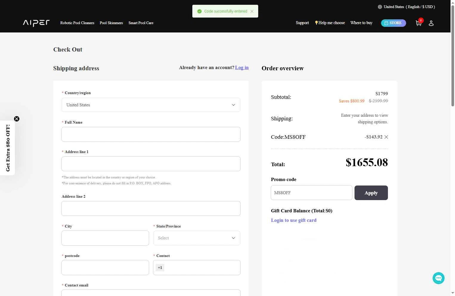 Aiper checkout page showing Aiper coupon code box | Screenshot taken by SimplyCodes community member on Dec 27, 2025