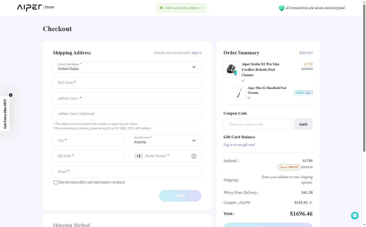 Aiper checkout page showing Aiper coupon code box | Screenshot taken by SimplyCodes community member on Jan 1, 2026