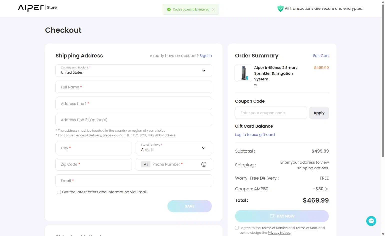 Aiper checkout page showing Aiper coupon code box | Screenshot taken by SimplyCodes community member on Feb 13, 2026