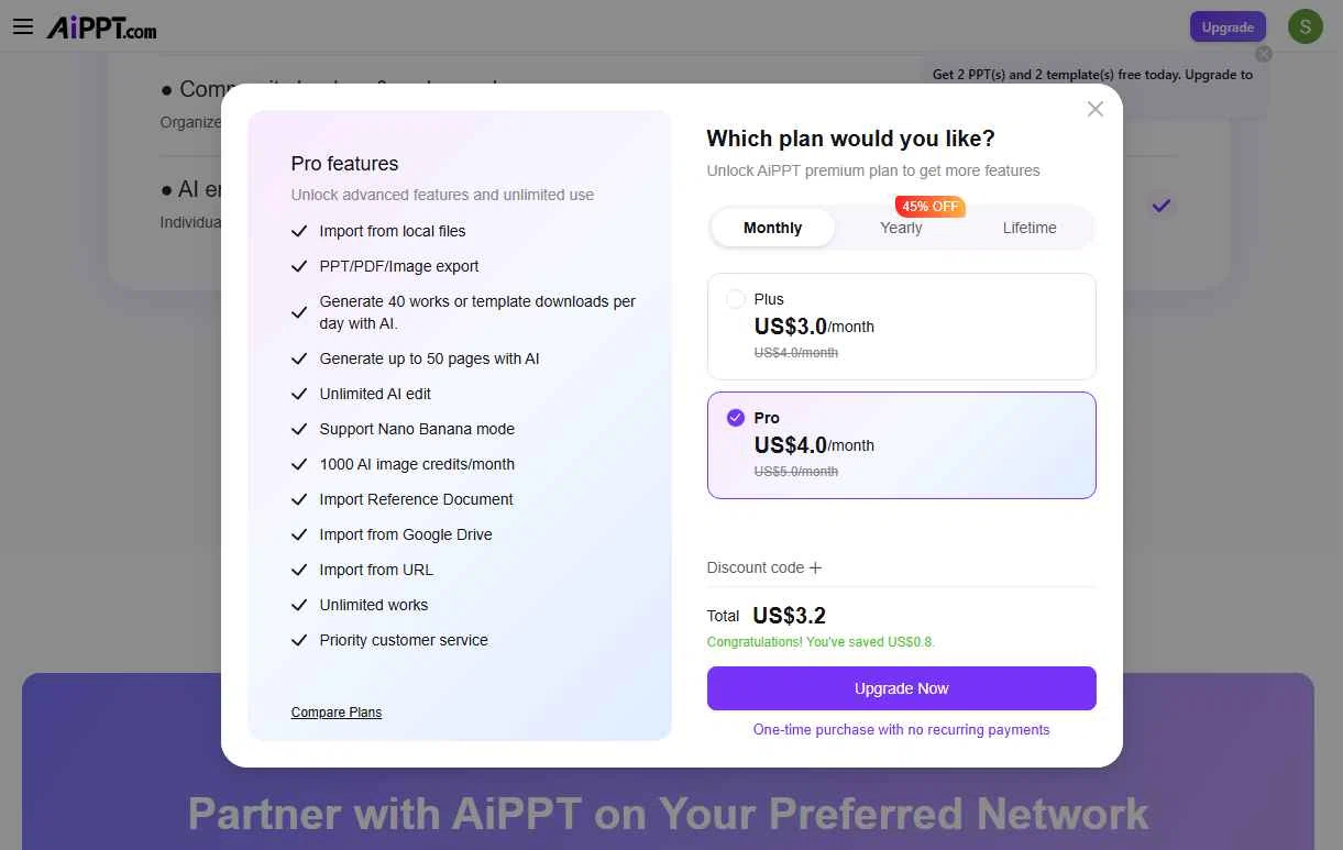 AiPPT checkout page showing AiPPT promo code box | Screenshot taken by SimplyCodes community member on Jan 8, 2026