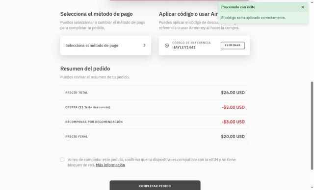 Airalo checkout page showing Airalo discount code box | Screenshot taken by SimplyCodes community member on Aug 29, 2025