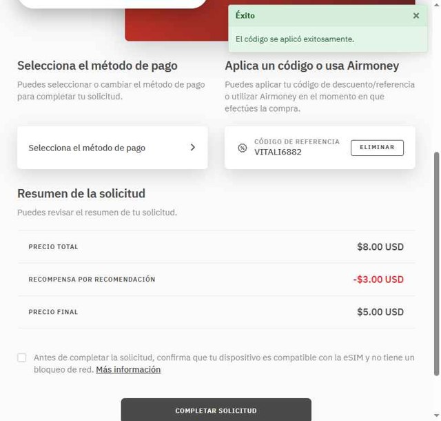Airalo checkout page showing Airalo discount code box | Screenshot taken by SimplyCodes community member on Aug 26, 2025