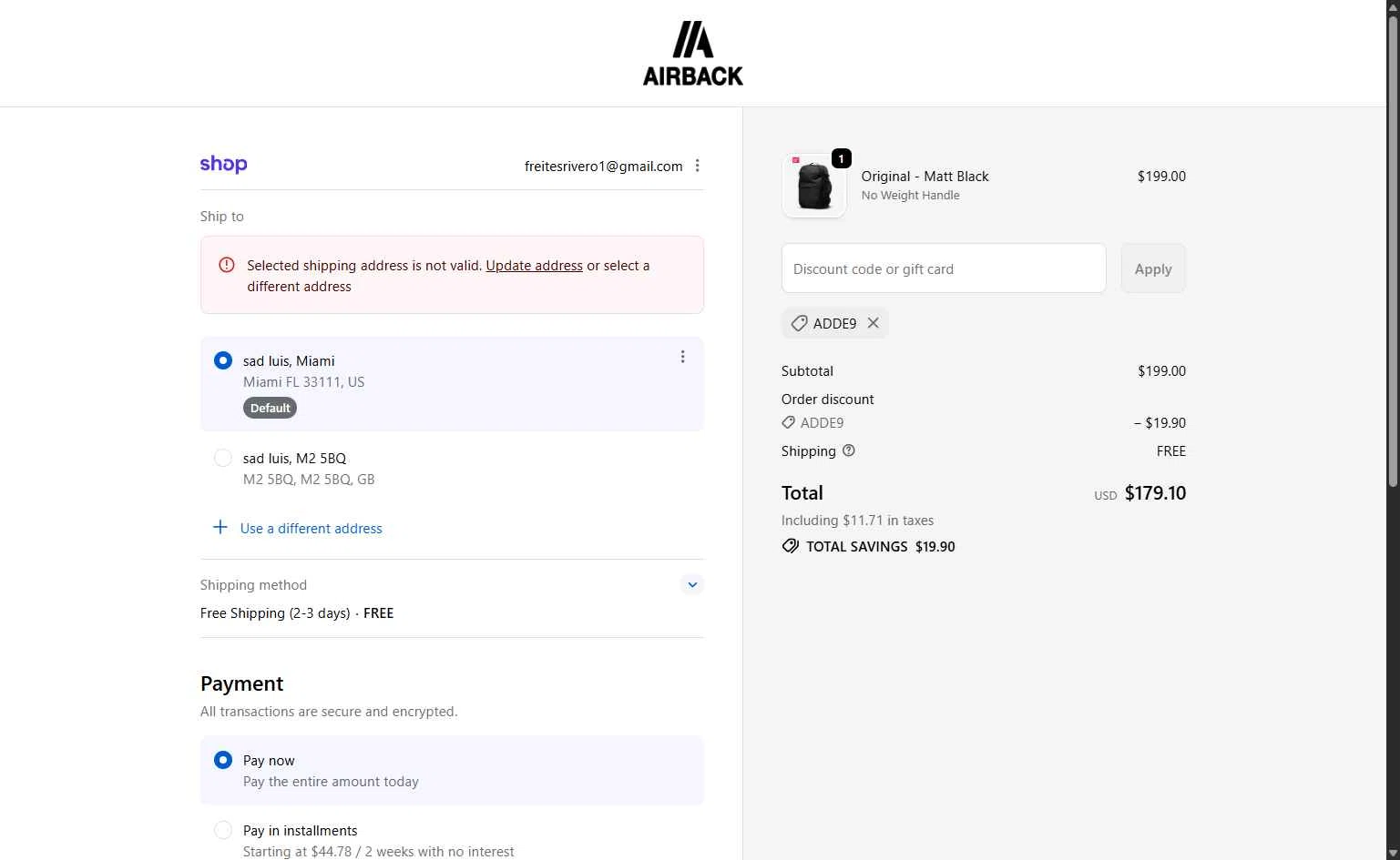 Airback checkout page showing Airback discount code box | Screenshot taken by SimplyCodes community member on Feb 9, 2026