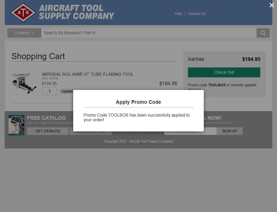 Aircraft Tool Supply checkout page showing Aircraft Tool Supply promo code box | Screenshot taken by SimplyCodes community member on Oct 29, 2025