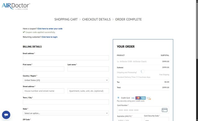 AirDoctor checkout page showing AirDoctor coupon code box | Screenshot taken by SimplyCodes community member on Jul 9, 2025