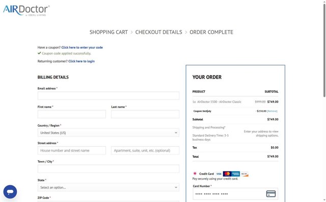 AirDoctor checkout page showing AirDoctor coupon code box | Screenshot taken by SimplyCodes community member on Jul 18, 2025