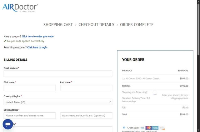 AirDoctor checkout page showing AirDoctor coupon code box | Screenshot taken by SimplyCodes community member on Jul 9, 2025
