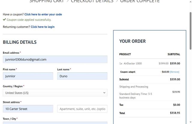 AirDoctor checkout page showing AirDoctor coupon code box | Screenshot taken by SimplyCodes community member on Apr 28, 2025