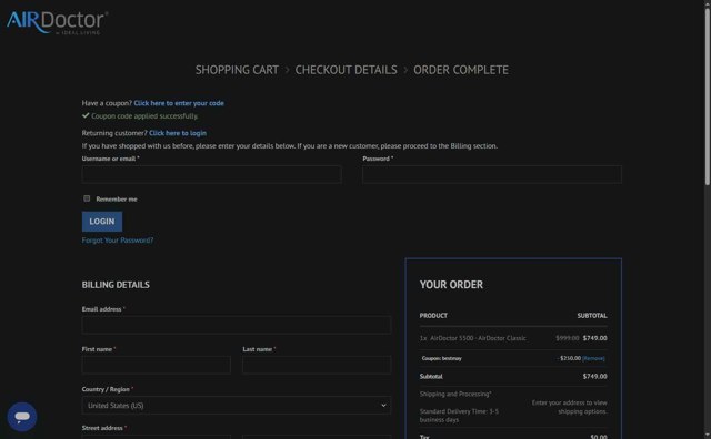 AirDoctor checkout page showing AirDoctor coupon code box | Screenshot taken by SimplyCodes community member on May 21, 2025