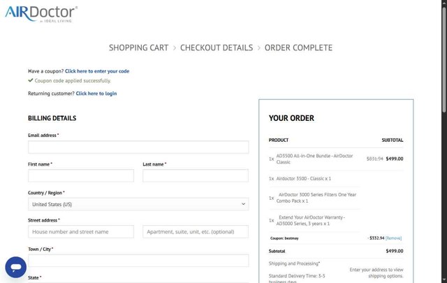 AirDoctor checkout page showing AirDoctor coupon code box | Screenshot taken by SimplyCodes community member on May 21, 2025
