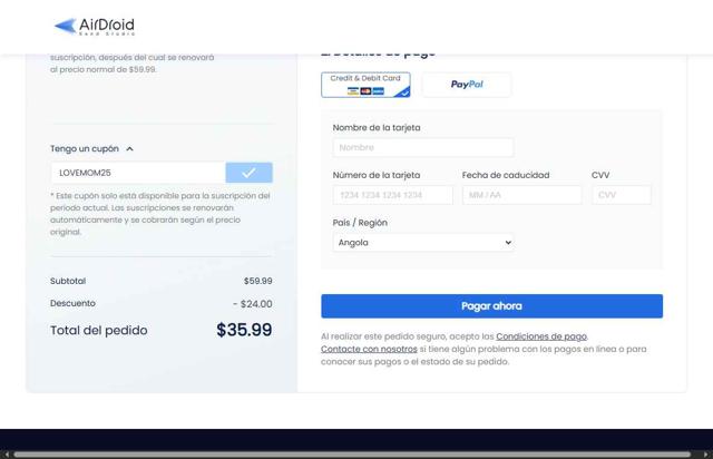AirDroid checkout page showing AirDroid promo code box | Screenshot taken by SimplyCodes community member on May 8, 2025