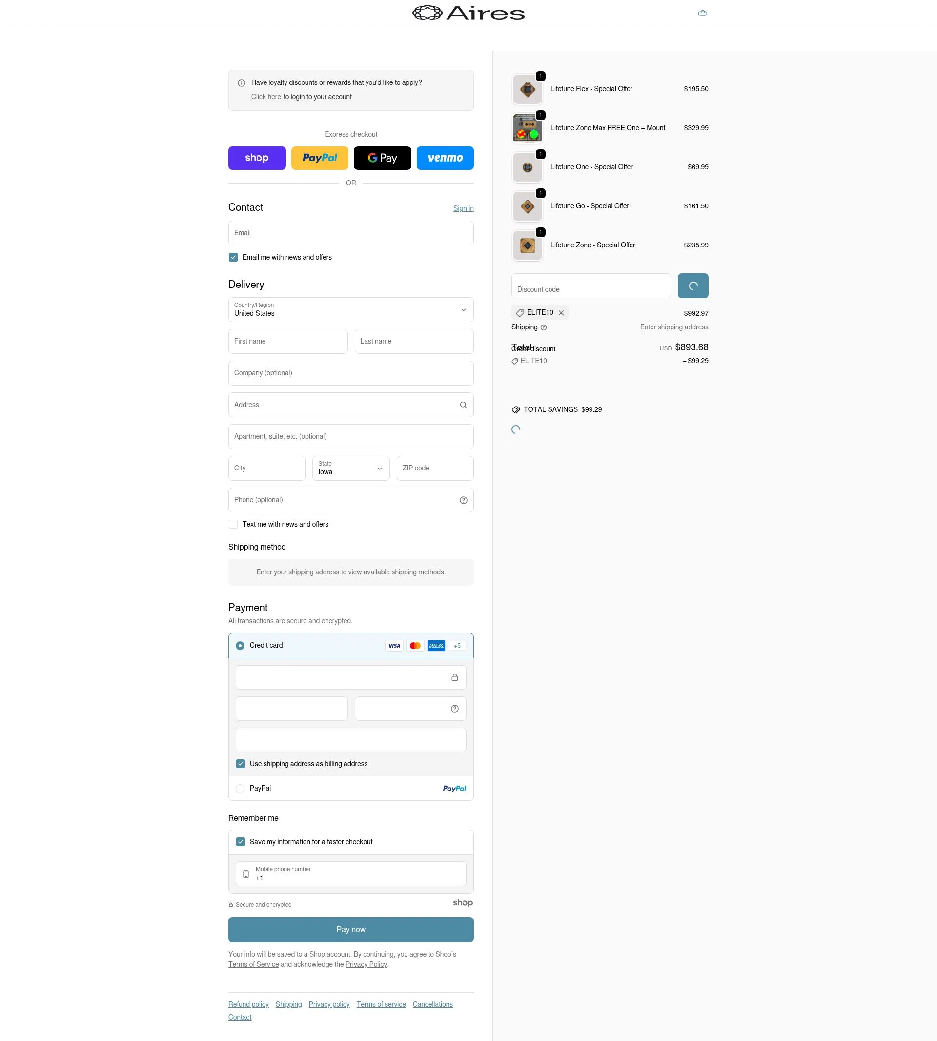 Aires Tech checkout page showing Aires Tech discount code box | Screenshot taken by SimplyCodes community member on Jan 5, 2026