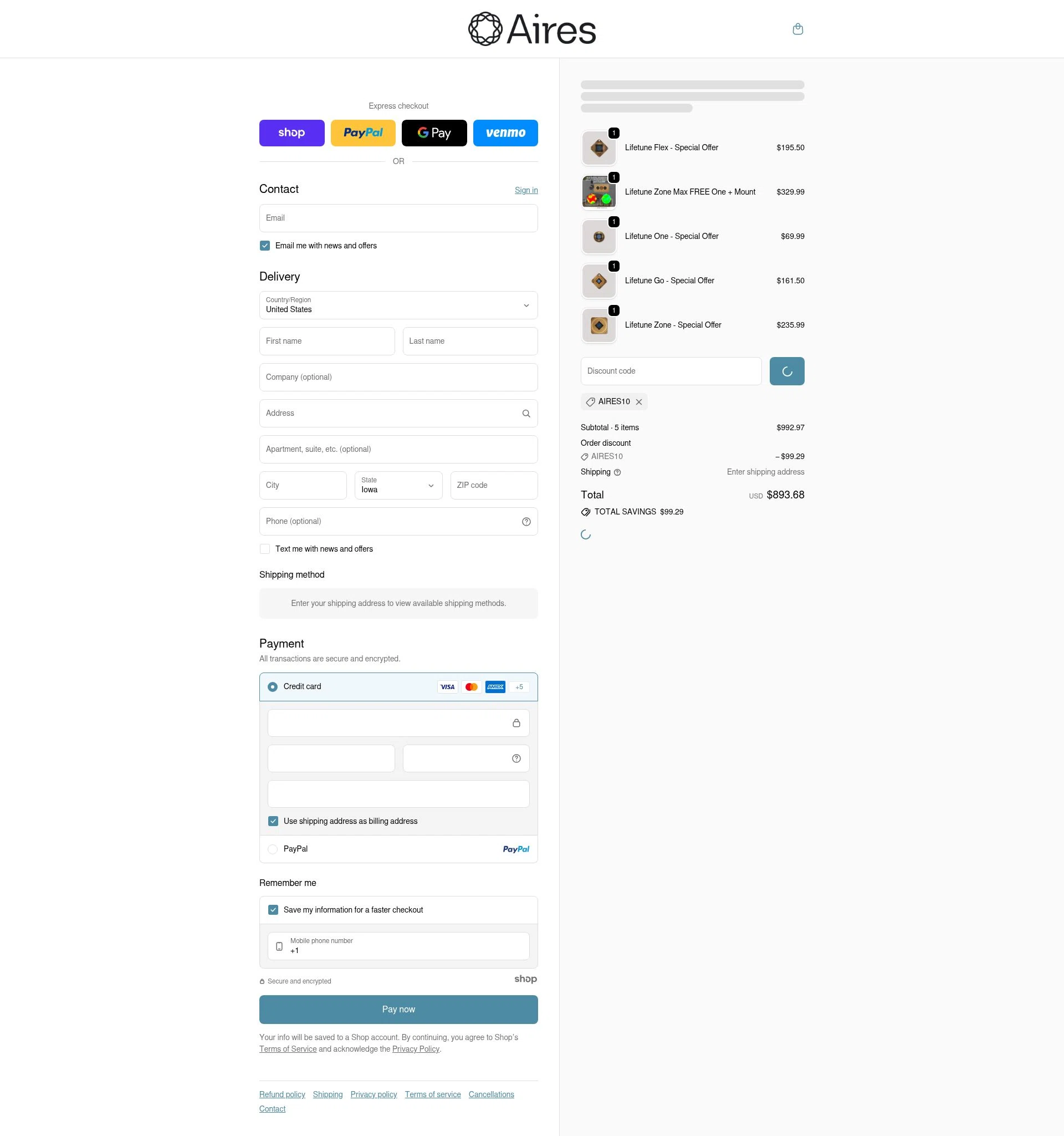 Aires Tech checkout page showing Aires Tech discount code box | Screenshot taken by SimplyCodes community member on Jan 5, 2026