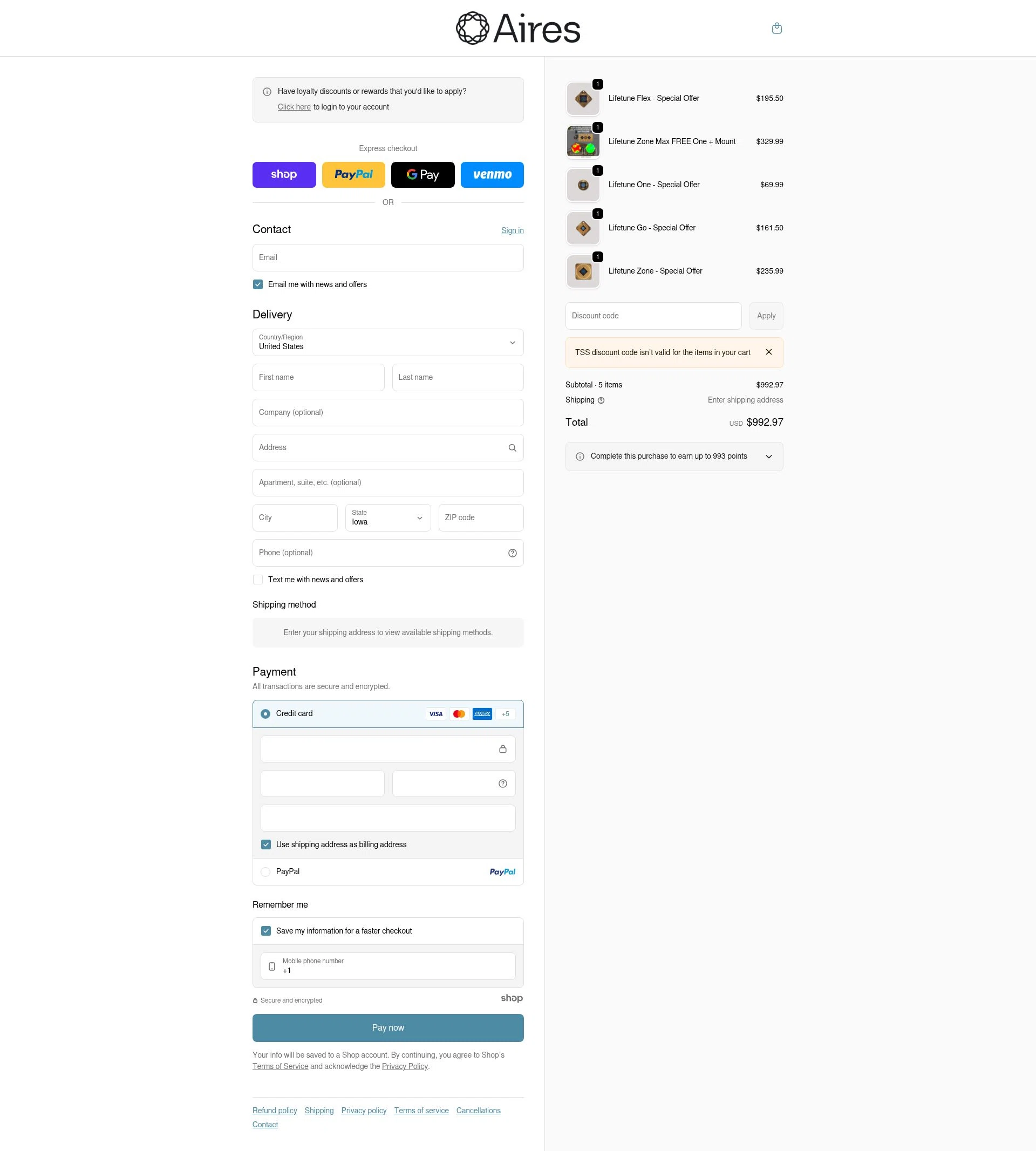Aires Tech checkout page showing Aires Tech discount code box | Screenshot taken by SimplyCodes community member on Jan 5, 2026