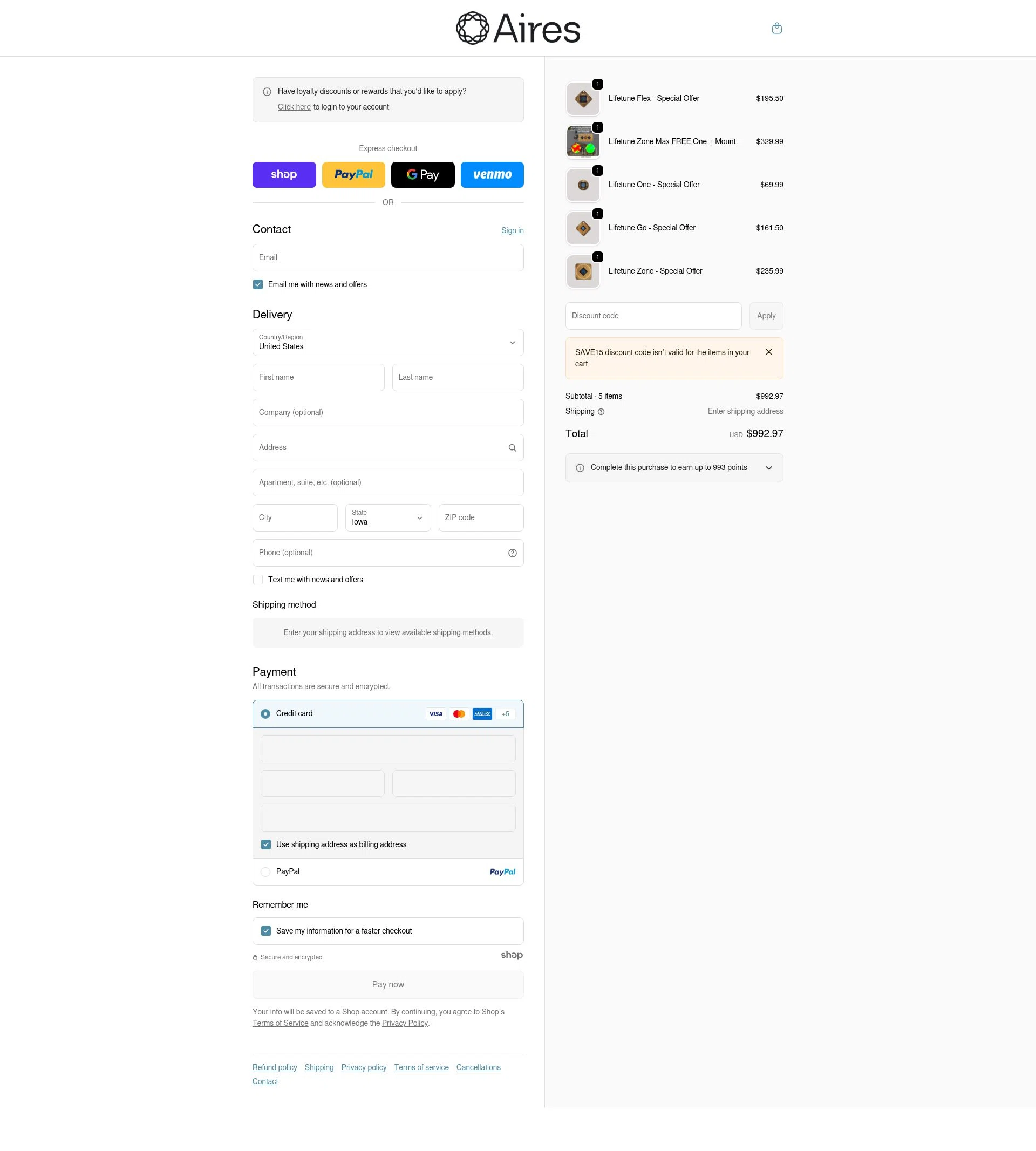 Aires Tech checkout page showing Aires Tech discount code box | Screenshot taken by SimplyCodes community member on Jan 5, 2026