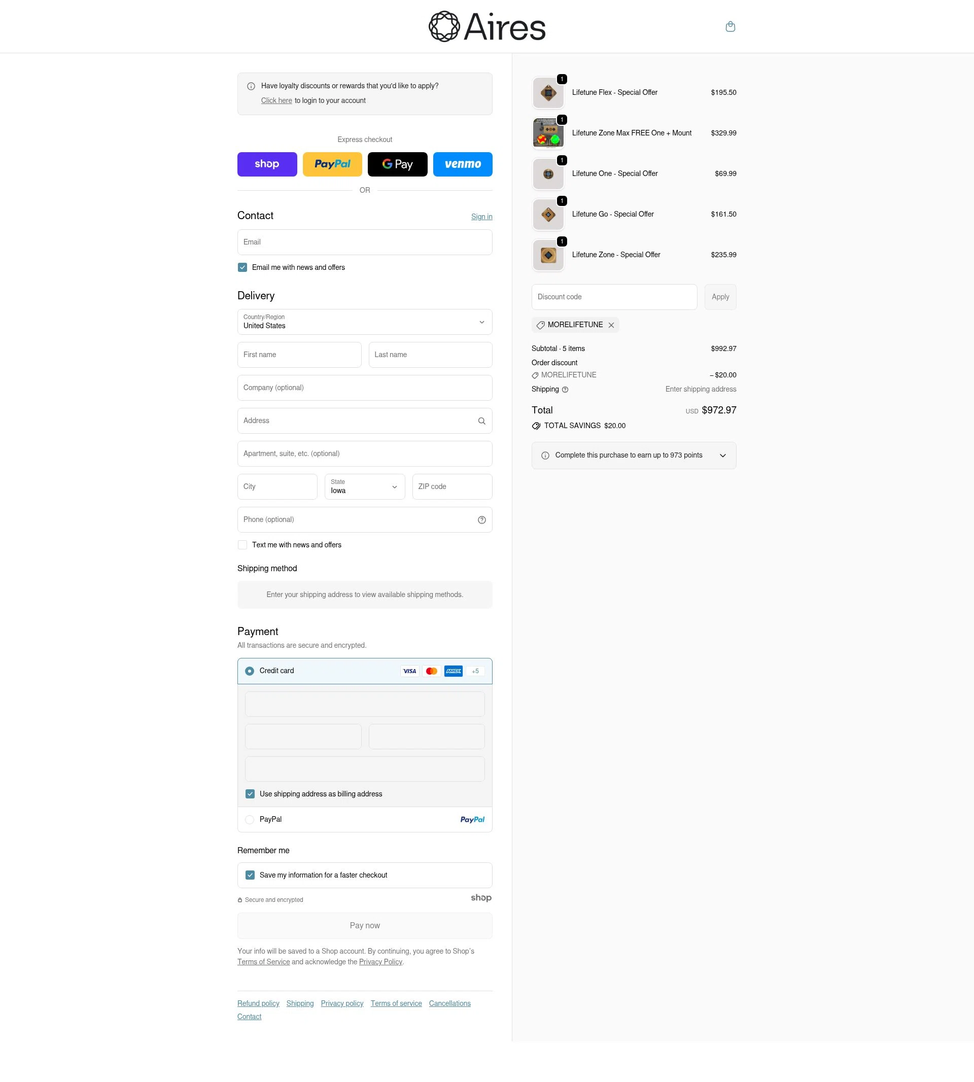 Aires Tech checkout page showing Aires Tech discount code box | Screenshot taken by SimplyCodes community member on Jan 5, 2026