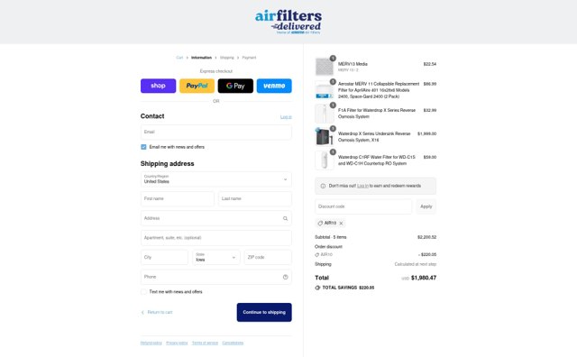 Air Filters Delivered checkout page showing Air Filters Delivered coupon code box | Screenshot taken by SimplyCodes community member on Sep 6, 2025