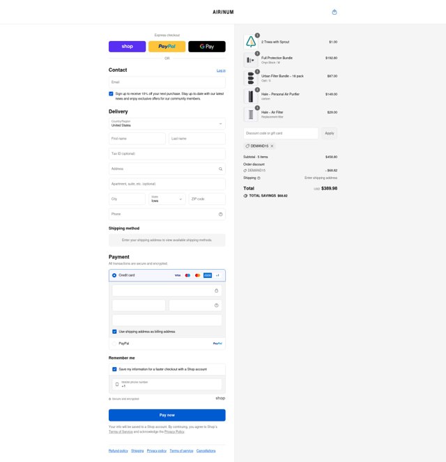 Airinum checkout page showing Airinum promo code box | Screenshot taken by SimplyCodes community member on Aug 30, 2025