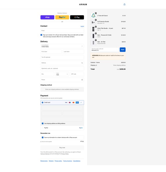 Airinum checkout page showing Airinum promo code box | Screenshot taken by SimplyCodes community member on Aug 30, 2025