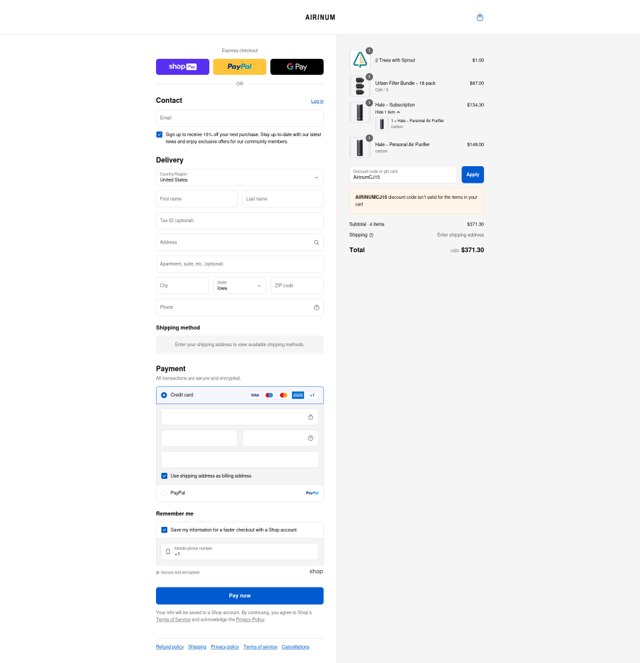 Airinum checkout page showing Airinum promo code box | Screenshot taken by SimplyCodes community member on Aug 17, 2025