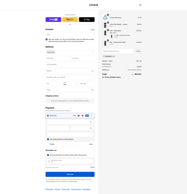Airinum checkout page showing Airinum promo code box | Screenshot taken by SimplyCodes community member on Aug 17, 2025