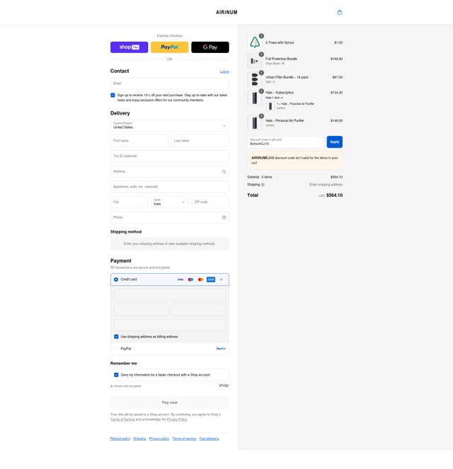 Airinum checkout page showing Airinum promo code box | Screenshot taken by SimplyCodes community member on Aug 26, 2025