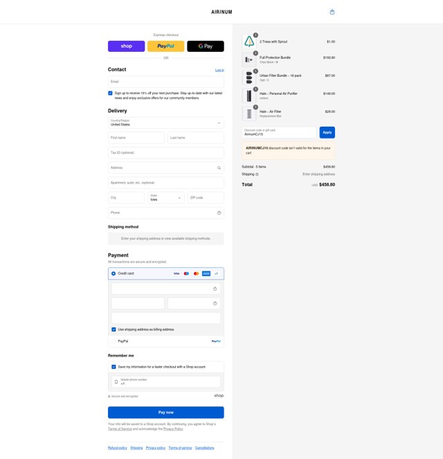 Airinum checkout page showing Airinum promo code box | Screenshot taken by SimplyCodes community member on Sep 4, 2025
