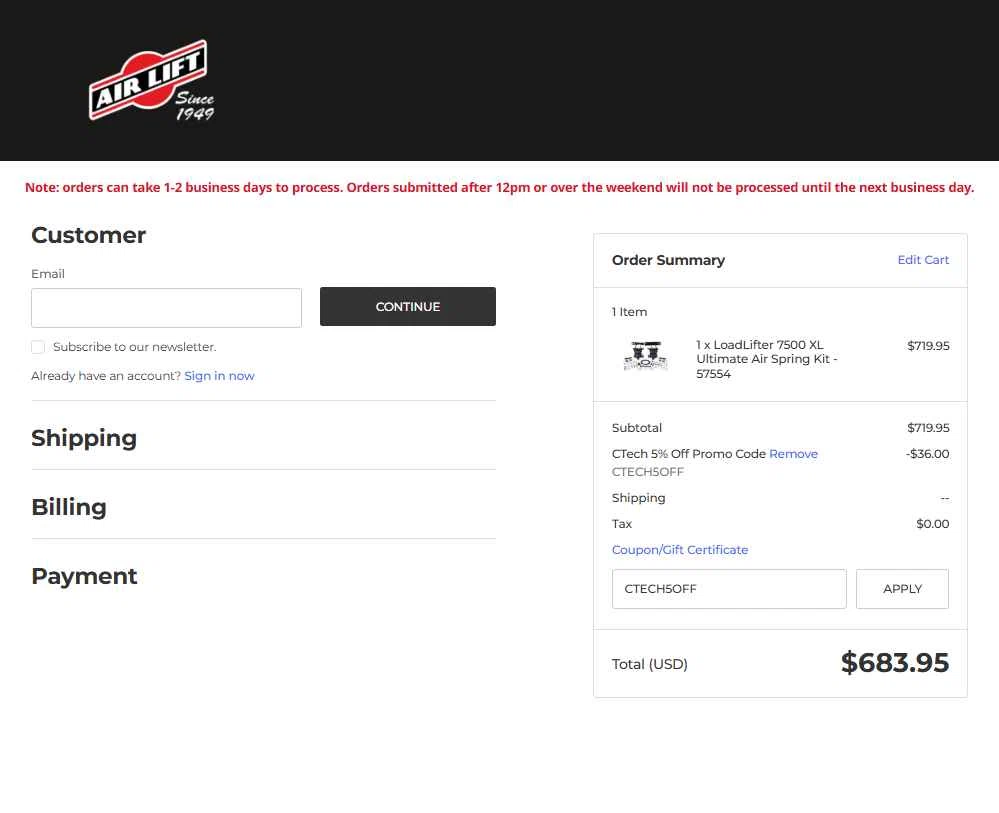 Air Lift checkout page showing Air Lift promo code box | Screenshot taken by SimplyCodes community member on Nov 20, 2025