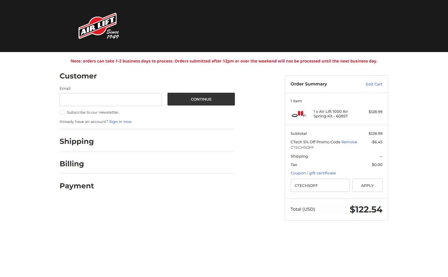 Air Lift checkout page showing Air Lift promo code box | Screenshot taken by SimplyCodes community member on Dec 19, 2025