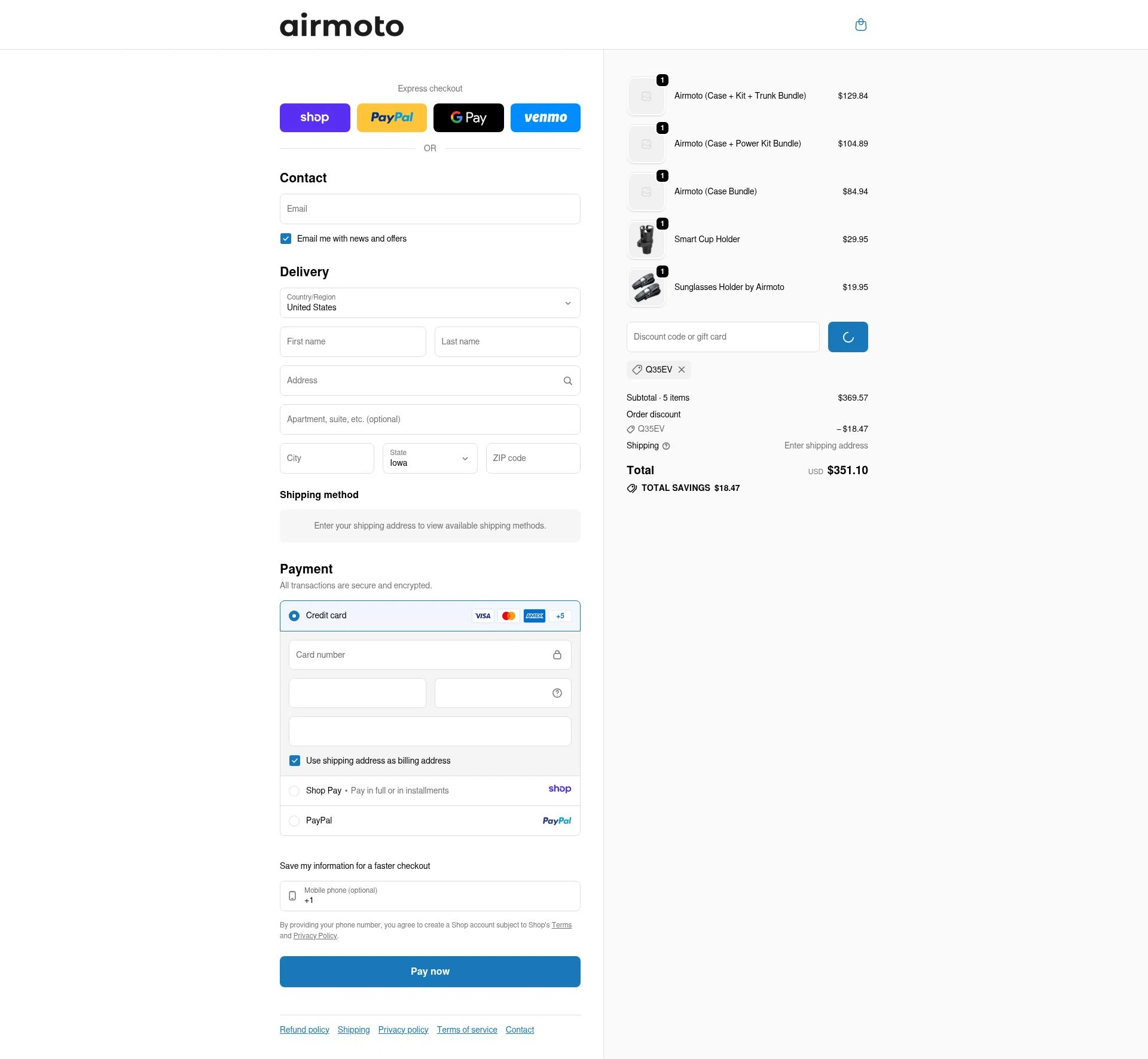 Airmoto checkout page showing Airmoto discount code box | Screenshot taken by SimplyCodes community member on Jan 11, 2026
